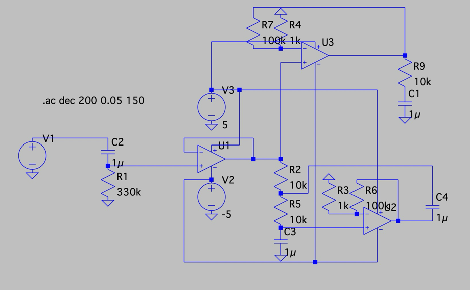 LTSpice diagram of the dual bandpass ECG circuit design
