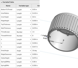 OnShape variable table and CAD geometry for parametric model